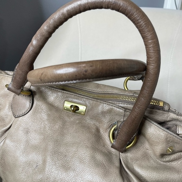 J. CREW Large Tan Pebbled Leather Turnlock Tote Shoulder Bag Purse - Picture 8 of 12